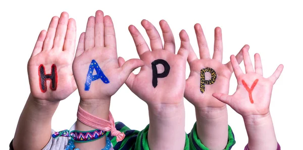 Děti ruce Stavební slovo šťastný, izolované pozadí — Stock fotografie