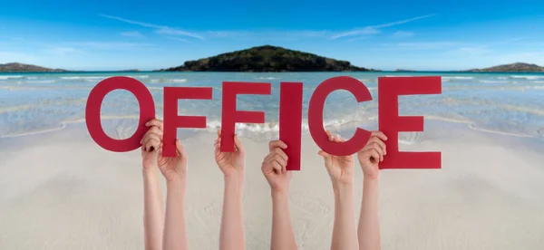 People Hands Holding Word Office, Ocean Background — Stock Photo, Image