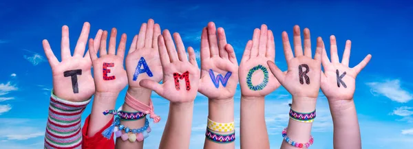 Children Hands Building Word Teamwork, Blue Sky — Stock Photo, Image