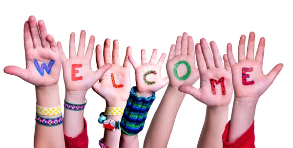 Niños Manos Construyendo Palabra Bienvenida, Fondo Aislado — Foto de Stock