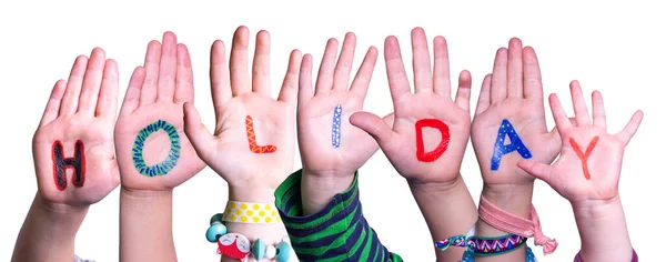 Children Hands épület Word Holiday, elszigetelt háttér — Stock Fotó