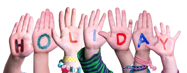 Niños Manos Construyendo Vacaciones de Palabra, Fondo Aislado — Foto de Stock