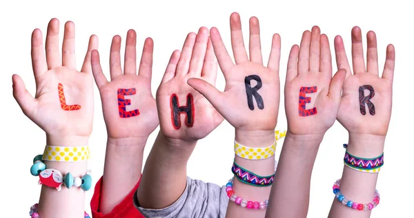 Children Hands épület Word Lehrer azt jelenti, tanár, elszigetelt háttér — Stock Fotó