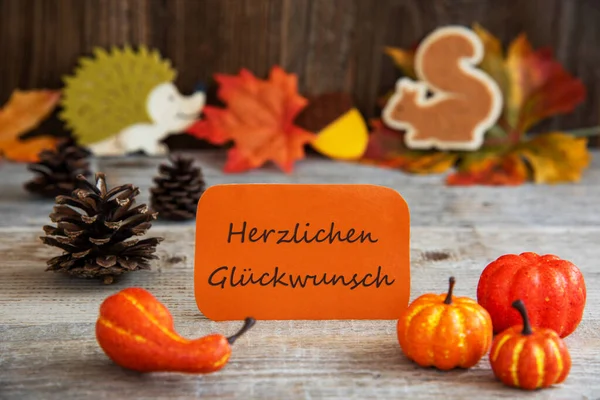 Etiqueta Con Decoración de Otoño, Glueckwunsch significa Felicitaciones —  Fotos de Stock