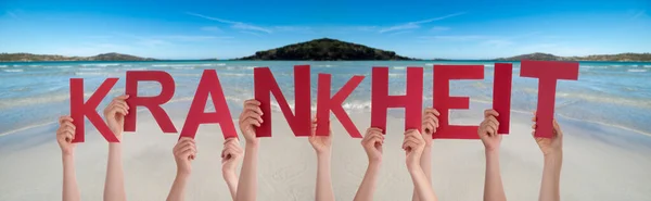 People Hands Holding Word Krankheit Means Sickness, Ocean Background — Stock Photo, Image