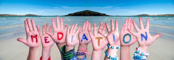 Children Hands Building Word Mediation, Ocean Background — Stock Photo, Image