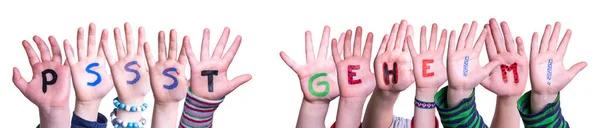 Dzieci Ręce Budowanie Word Pssst Geheim oznacza Pssst Secret, izolowane tle — Zdjęcie stockowe