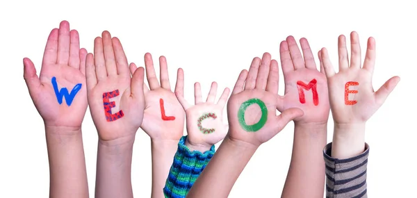 Wiele różnych dzieci ręce Budowanie słowa Witamy, izolowane tło — Zdjęcie stockowe