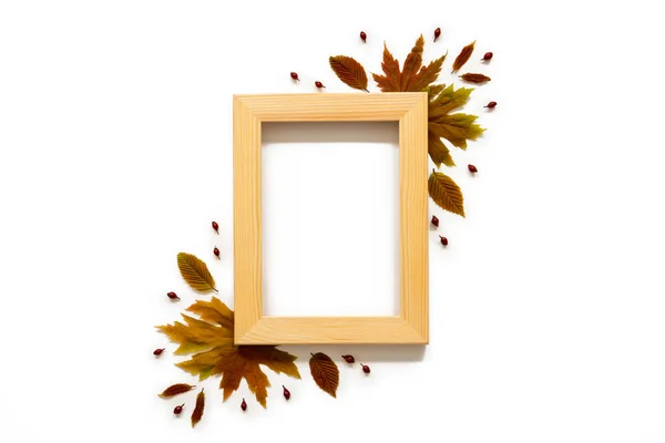 Dřevěný rám s barevnou podzimní dekorací listů, kopírovací prostor — Stock fotografie