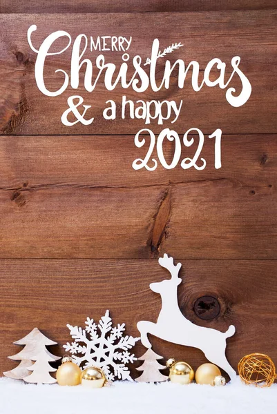 Neve, cervo, albero, palla d'oro, buon Natale e felice 2021 — Foto Stock