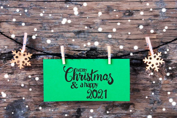 绿色标签，雪花，绳子，圣诞快乐，2021年快乐 — 图库照片