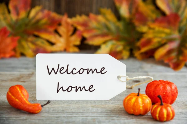 Label With Text Welcome Home, Pumpkin and Leaves — 스톡 사진