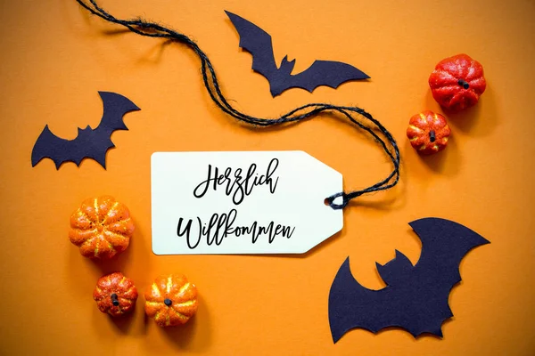 Label With Herzlich Willkommen Means Welcome, Halloween And Autumn Decoration — Stock Photo, Image