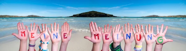 Children Hands Building Word Meine Meinung means My opinion, Ocean Background — Stock fotografie