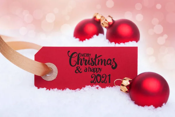 Red Christmas Ball Ornament, Snow, Label, Merry Christmas And A Happy 2021 — Stock Photo, Image