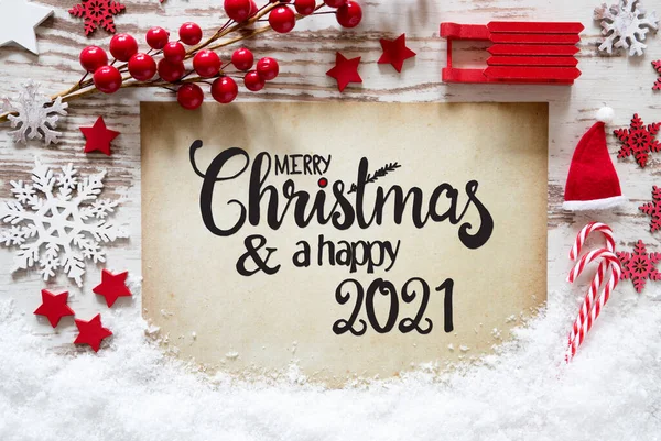 Decorazione rossa luminosa di Natale, carta, buon Natale e un felice 2021 — Foto Stock
