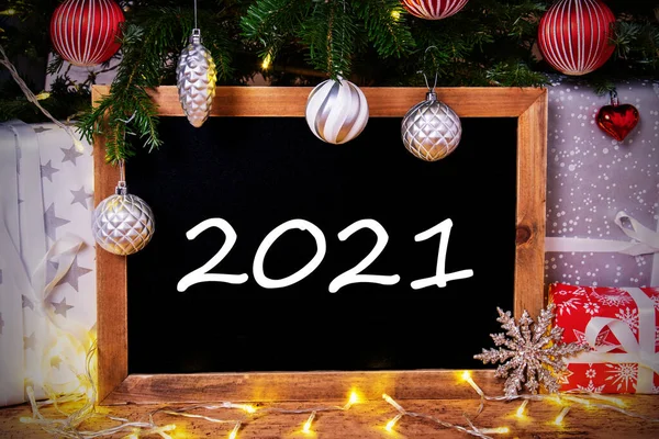 Chalkboard, Christmas Tree, Gift, Fairy Lights, Text 2021 — стокове фото