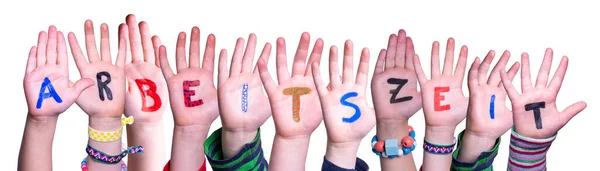 Kinderen Handen bouwen Arbeitszeit betekent werktijden, geïsoleerde achtergrond — Stockfoto