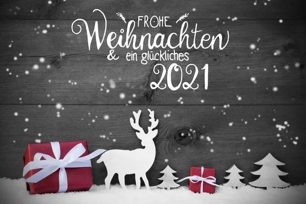 Renna, Regalo, Albero, Fiocchi di neve, Glueckliches 2021 significa felice 2021 — Foto Stock