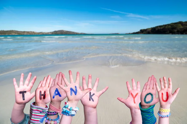 Children Hands Building Word Thank You, Ocean Background — Stock Photo, Image