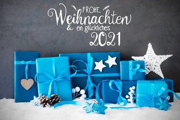 Turquois Cadeau, Neige, Glueckliches 2021 Signifie Joyeux 2021, Décoration de Noël — Photo