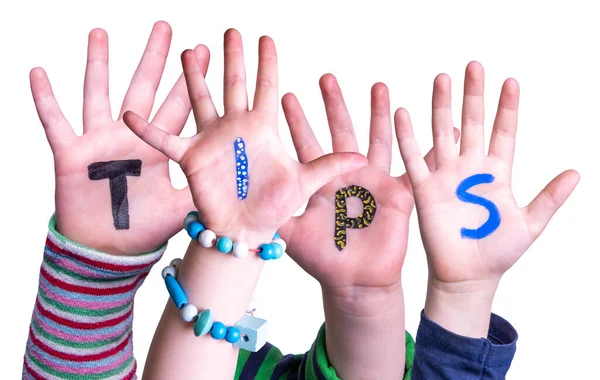 Las manos de los niños construyendo consejos de palabras, fondo aislado — Foto de Stock