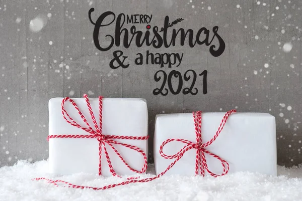 Due regali bianchi, neve, fiocchi di neve, cemento, buon Natale e un felice 2021 — Foto Stock