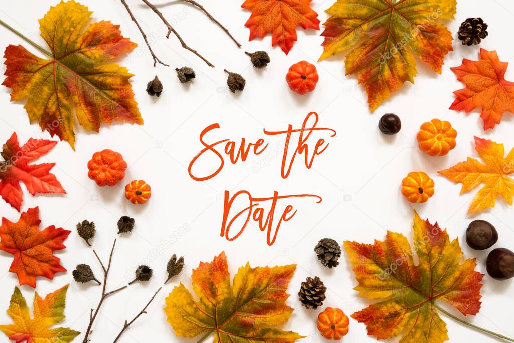 Bright Colorful Autumn Leaf Decoration, English Text Save The Date
