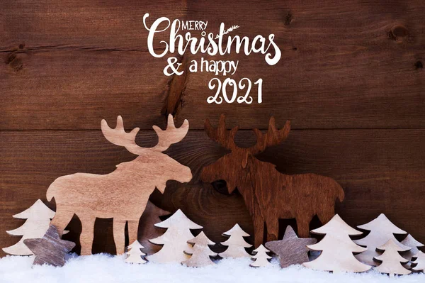 Łoś, Drewniana Drzewo, Śnieg, Wesołych Świąt i Szczęśliwych 2021 — Zdjęcie stockowe