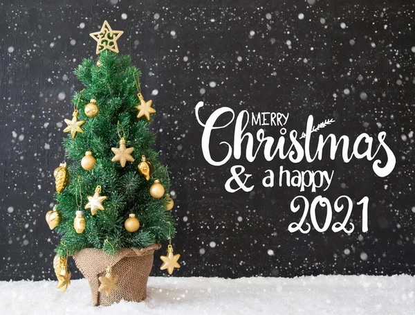 Albero di Natale, sfondo nero, fiocchi di neve, Buon Natale e un felice 2021 — Foto Stock