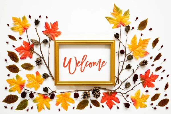 Decoración colorida de la hoja de otoño, marco dorado, texto Bienvenido — Foto de Stock