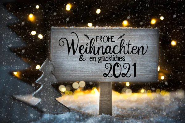 Χριστουγεννιάτικο Δέντρο, νιφάδες χιονιού, Εγγραφείτε, Καλλιγραφία Glueckliches 2021 μέσα Happy 2021 — Φωτογραφία Αρχείου