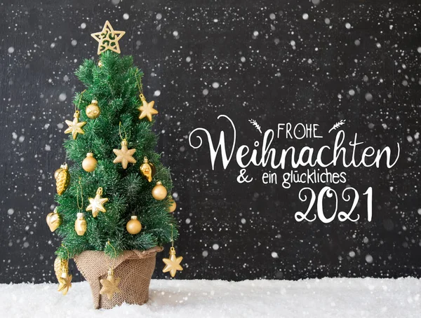 Albero di Natale, Sfondo nero, Fiocchi di neve, Glueckliches 2021 significa felice 2021 — Foto Stock