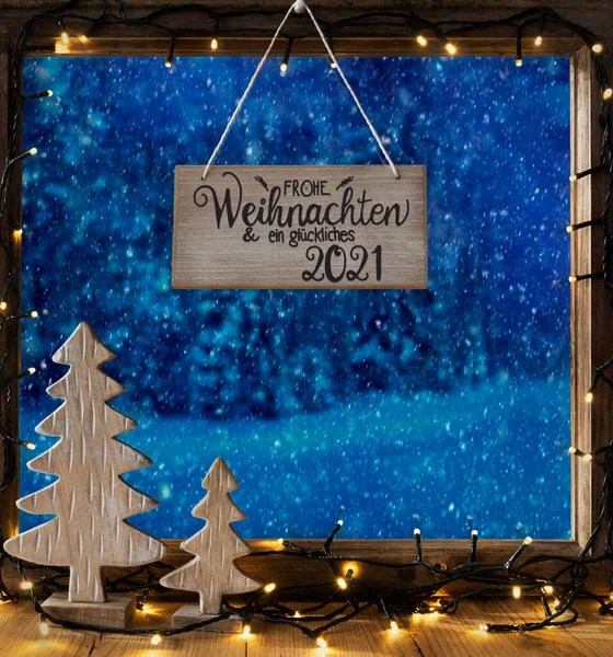 Vánoční strom, Okno, Les, Glueckliches 2021 znamená Happy 2021, Sníh — Stock fotografie
