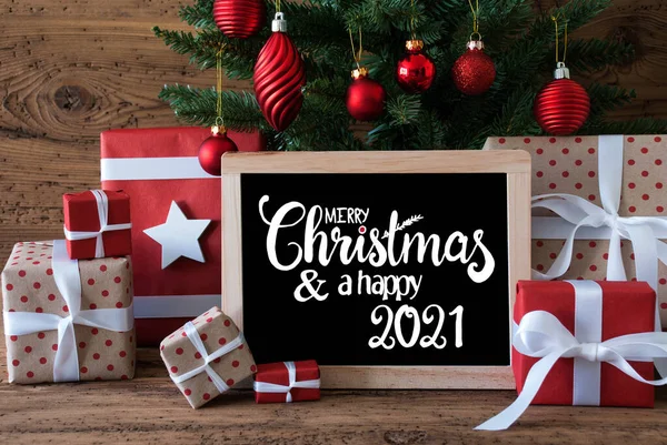 Albero di Natale, Regalo, Testo Buon Natale e Felice 2021 — Foto Stock