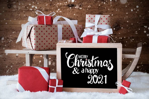 Sleigh, Presente, Neve, Flocos de Neve, Feliz Natal e um feliz 2021 — Fotografia de Stock