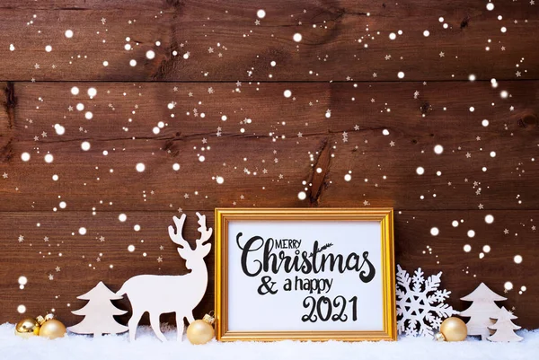 Marco, Bola de Oro, Árbol, Nieve, Ciervo, Feliz Navidad y Feliz 2021 — Foto de Stock