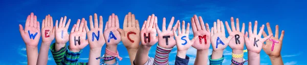 ( 영어 ) Children Hands Building Weihnachtsmarkt means Christmas Market, Blue Sky — 스톡 사진