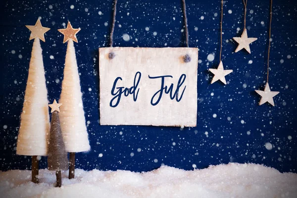 Juletræ, blå baggrund, sne, Gud Jul betyder glædelig jul, snefnug - Stock-foto