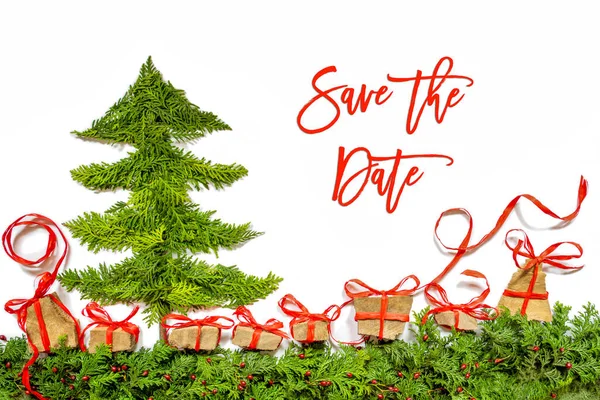 Árvore de Natal, Presente e Presentes, Ramo do abeto, Salve a data — Fotografia de Stock