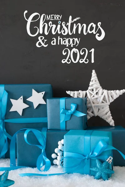 Turchese regalo, neve, buon Natale e un felice 2021, stella — Foto Stock