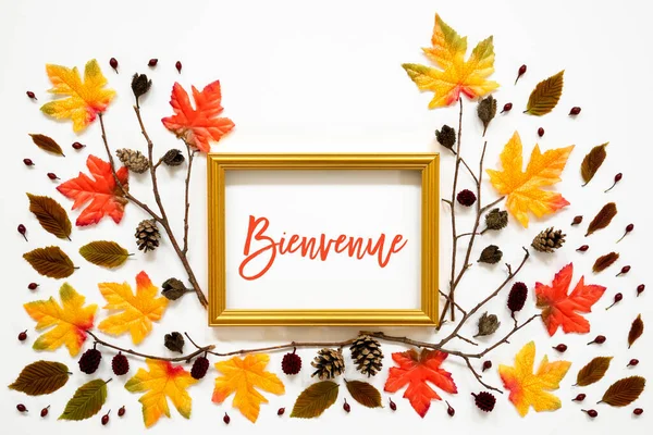 Színes őszi levél dekoráció, Golden Frame, Text Bienvenue eszközök Üdvözöljük — Stock Fotó
