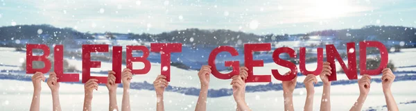 As pessoas mãos segurando a palavra Bleibt Gesund significa permanecer saudável, fundo de inverno — Fotografia de Stock