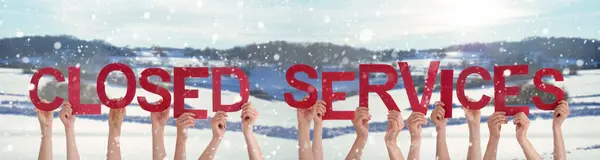 People Hands Holding Word Closed Services, Snowy Winter Background — Stok Foto