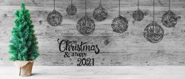 Árvore de Natal, Bolas, Feliz Natal e um feliz 2021, preto e branco — Fotografia de Stock