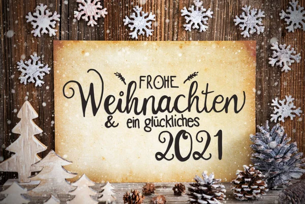 Papel velho, decoração de Natal, Glueckliches 2021 significa feliz 2021, flocos de neve — Fotografia de Stock