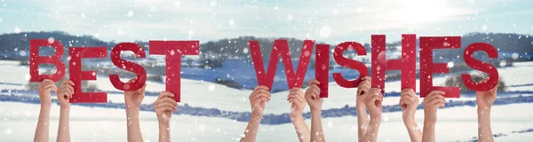Persone mani che tengono parola migliori auguri, sfondo invernale nevoso — Foto Stock