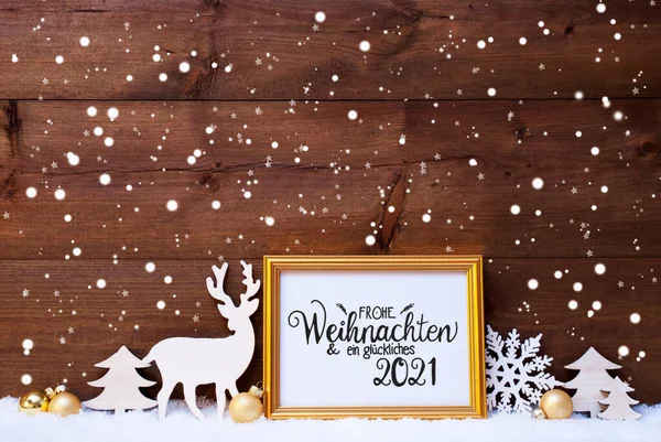 Frame, Golden Ball, Tree, Snow, Deer, Glueckliches 2021 Means Happy 2021 — 스톡 사진