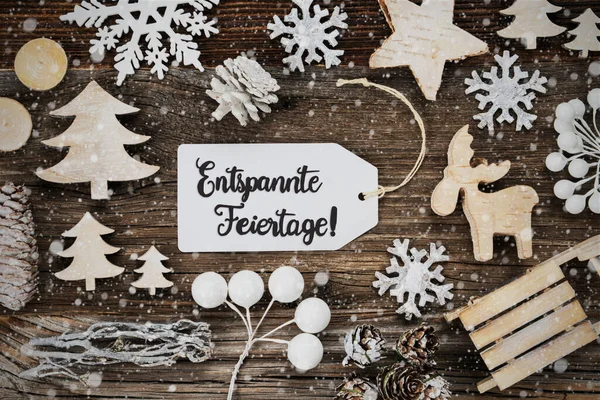 Etikett, ram, Entspannte Feiertage innebär God Jul, Snöflingor — Stockfoto