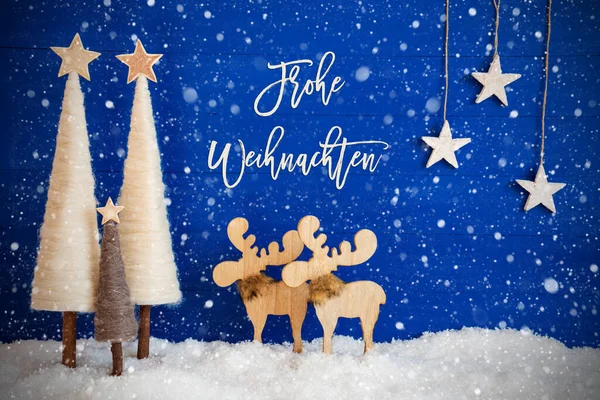 Albero, Alce, Neve, Stella, Frohe Weihachten significa Buon Natale, Fiocchi di neve — Foto Stock